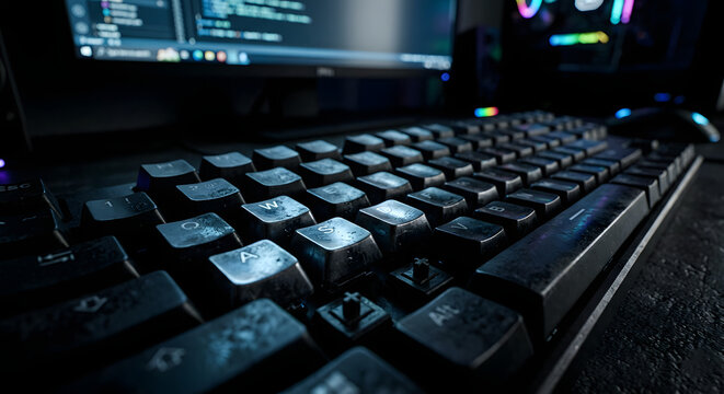 Dirty black mechanical keyboard buttons in a dark gloomy environment