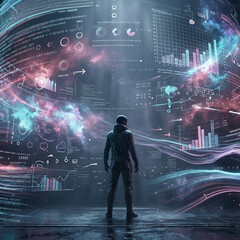 Fototapeta premium Futuristic Data Center and Server Room with Glowing Blue Hologram Global Cyber Network and AI Interface