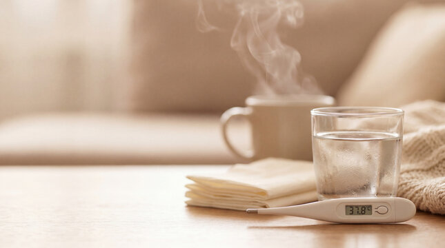 Digital thermometer showing fever temperature with glass of water and steaming cup on table, cozy home environment for health care