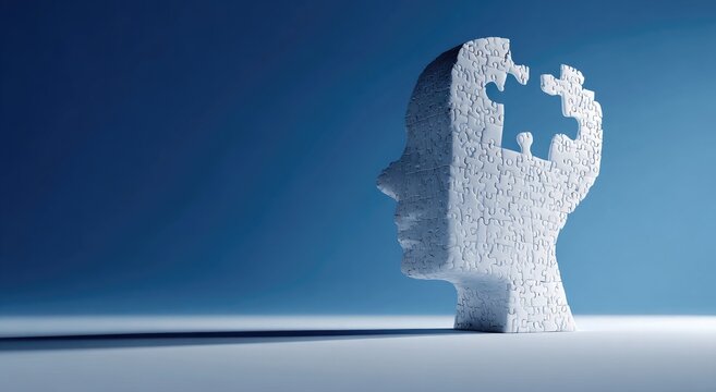 A textured, jigsaw puzzle-shaped head with a missing piece, casting a shadow