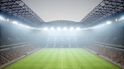 Massive modern football stadium at night filled with cheering crowd, panoramic wide angle view, bright blue white floodlights illuminating vibrant green soccer field, cinematic championship  © Bisnislogo