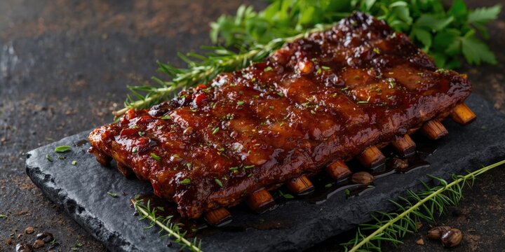 Barbecue grilled pork ribs on black stone slab with fresh herbs and plenty of copy space