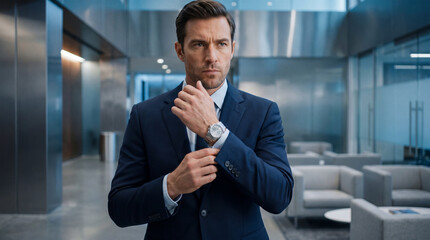 Fototapeta premium Confident businessman adjusting his watch in modern office lobby, wearing dark suit and displaying focused, determined expression