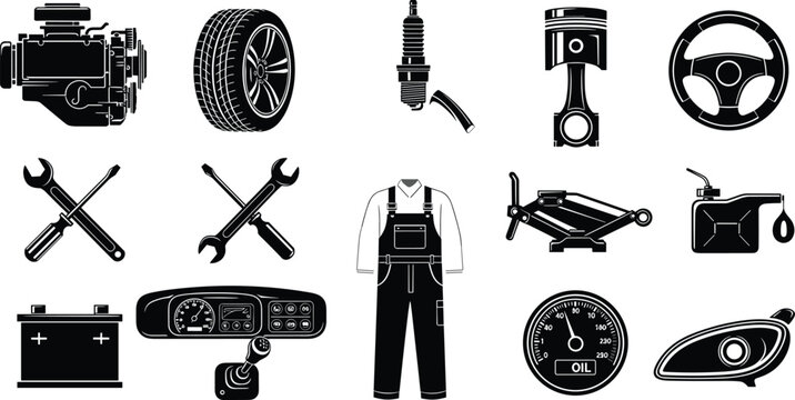 Set of Fifteen Automotive Repair and Mechanic Vector Illustrations Featuring Engine, Tire, Spark Plug, Steering Wheel, Tools, and Car Maintenance Equipment