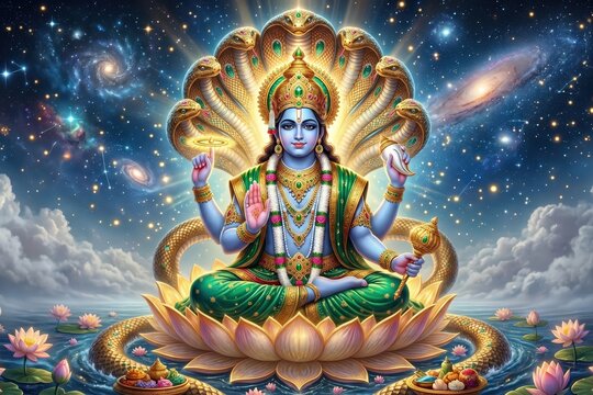 Celestial Lord Vishnu On Lotus Throne Devotional Art