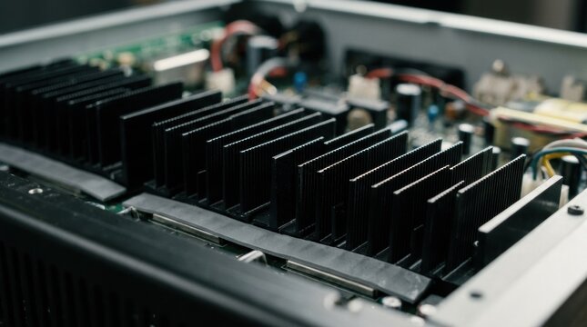 Macro perspective on black anodized heatsinks with visible thermal pads emphasizing surface texture and engineered fin structure in broadcast amplifier cooling systems.