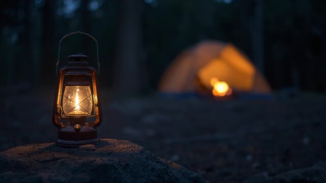 Lit kerosene lantern on a rock in a dark forest with a glowing tent in the background camping