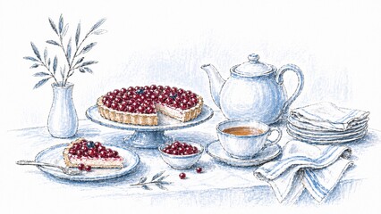 Fototapeta premium Tea setting with berry tart, teapot, teacup, plates, napkins and small bowls of berries.