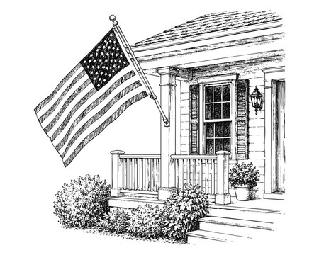 Patriotic Farmhouse Porch with American Flag Line Art Sketch Vector Illustration Isolated on Transparent Background - Fouth of July