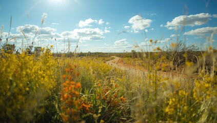 Fototapeta premium Bright abstract outback vista with a variety of vibrant plants and a snaking dirt path under a brilliant blue sky