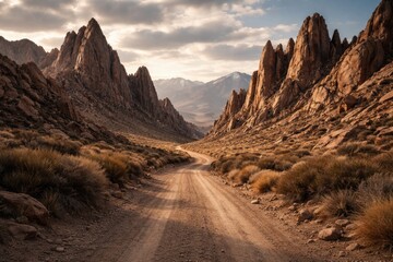 Fototapeta premium dry terrain road with striking tall rocky outcrops