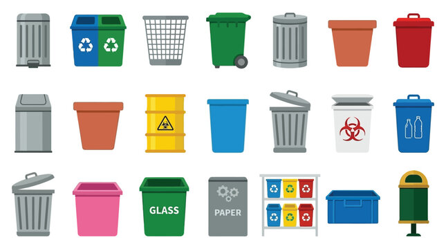 collection of colorful recycling and trash bins flat vector illustration