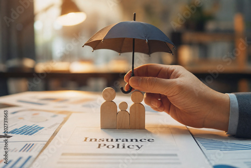 Reference: Hand holds black umbrella over wooden family figures on life insurance policy documents, symbolizing family protection, financial security, coverage and long-term planning for loved ones and dependent