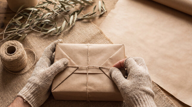 Hands wrapping gift brown paper string gloves rustic natural craft