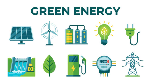 Green Energy Symbols with Solar Panel Wind Turbine Battery Plug Dam and Power Grid