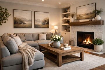 Fototapeta premium Inviting living space showcasing a wooden table adjacent to a grey corner settee with wall art and fireplace