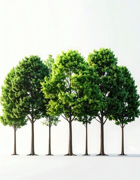 Lush green trees with brown trunks stand in a row