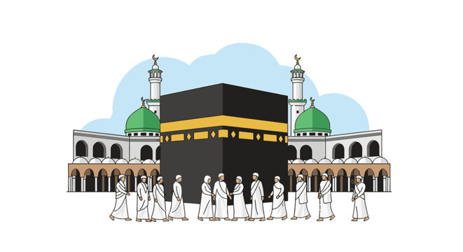 Detailed vector illustration of the Hajj pilgrimage featuring the Kaaba in Mecca, Saudi Arabia, with Muslim pilgrims performing Tawaf rituals during the holy Islamic month.