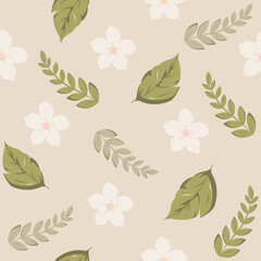 Fototapeta premium Elegant botanical seamless pattern with white flowers and olive leaves on beige background