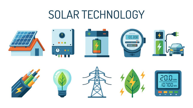 Solar Panel Home Battery Charger and Electric Grid Symbols for Clean Energy