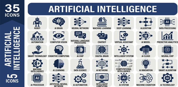 Artificial Intelligence all solid icon set. Related to machine, science, ai, intelligence, technology and more. Minimalist icons collection. Pixel perfect. Solid Vector illustration.