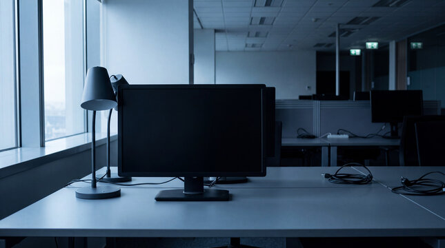 Empty office desk with powered off computer monitor and desk lamp near window in dark modern workspace at night