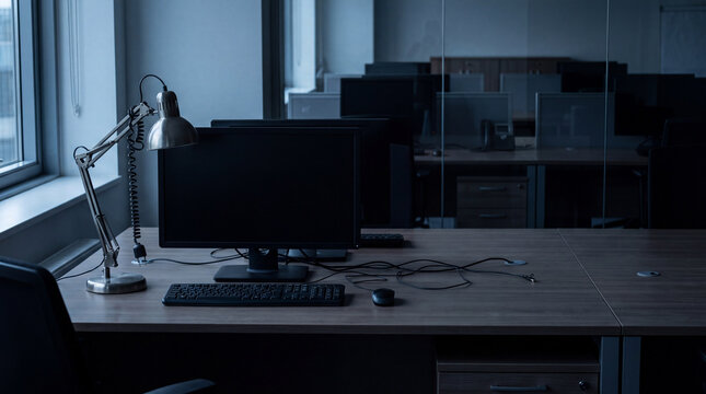 Empty office desk with powered off computer monitor and keyboard near window in dark modern workspace