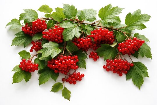 Viburnum opulus berries and leafy branches arranged on a clean white backdrop