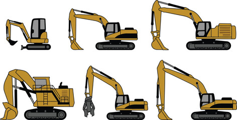Set of various yellow excavators heavy construction machinery in detailed vector illustrations isolated on white background ideal for industrial design engineering projects or building concepts © Hafizbro