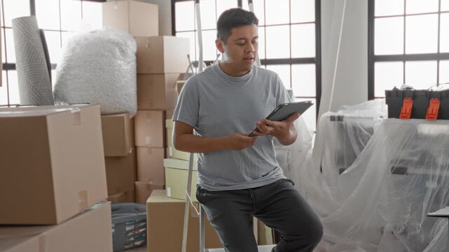 Man seated on ladder taps tablet and checks inventory surrounded by stacked cardboard boxes, plastic covered furniture and toolbox in building; focused planning.