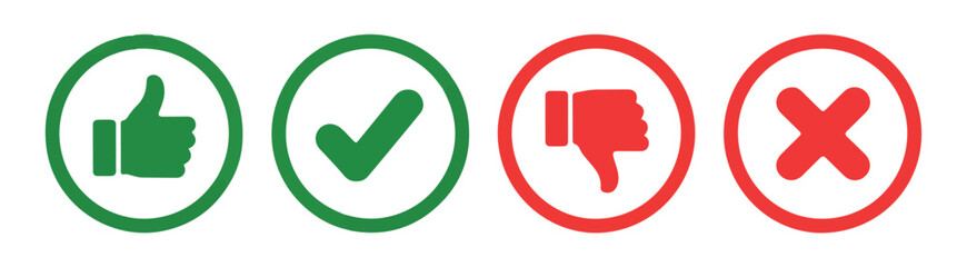 Evaluation icons with thumbs up and down checkmark and cross symbols in green and red circle buttons. © Labib