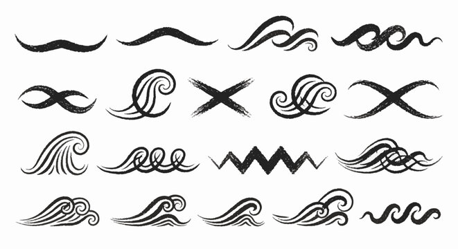 Hand-drawn white chalk style wave illustration featuring textured ocean surf lines with artistic charcoal-like strokes, minimalist nautical design isolated on a plain background.