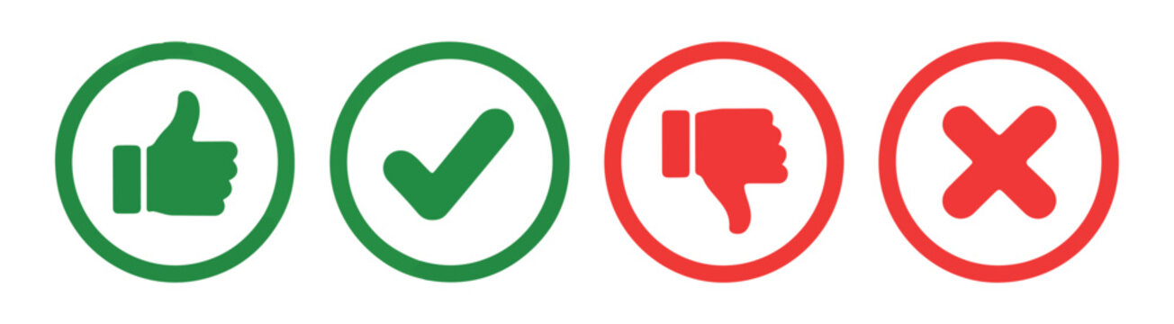 Evaluation icons with thumbs up and down checkmark and cross symbols in green and red circle buttons.