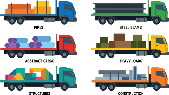 Set of flatbed trucks transporting various types of cargo depicted in a modern flat design vector illustration ideal for logistics and industrial delivery concepts