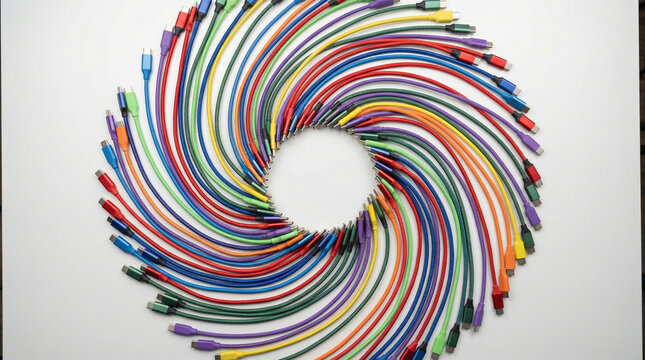 USB Cables Rainbow Tangle Flat Lay White. Overhead view of colorful USB-C cables arranged in artistic swirl pattern on white surface