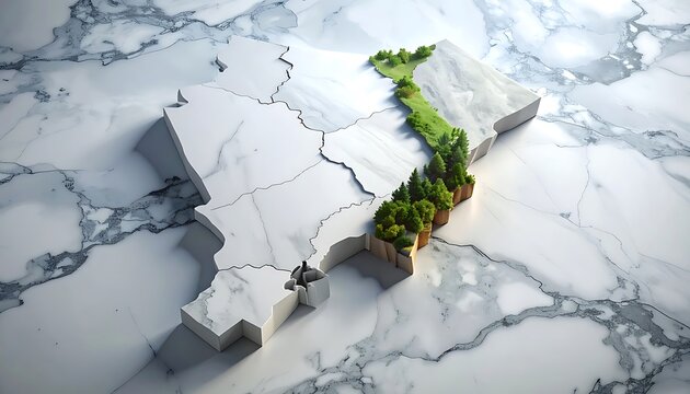 Pixelated map outline filled with lush green trees and forest, representing environmental conservation and growth on a marble texture background