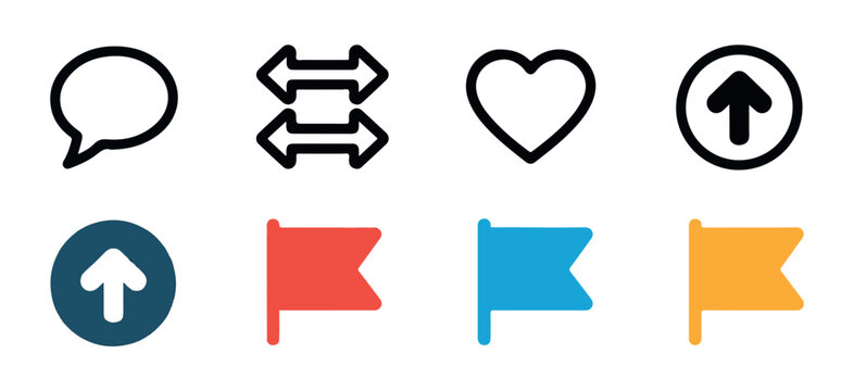 Universal interface icons with speech bubble heart arrows and flag symbols for social media platform use.