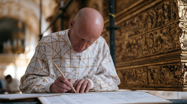 Gilded woodwork specialist stands on scaffolding inside a cathedral, carefully reattaching sections of a carved and gilded altarpiece with arcal adhesive, istants below documenting each stage of the