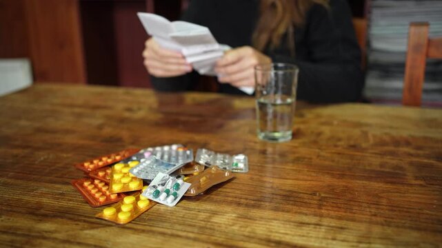 Woman reading prescription leaflet with pills on the table