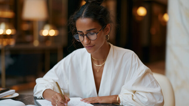 Female founder sits in a luxury hotel lobby after a meeting with a potential enterprise customer, alone at a side table scribbling feedback notes onto a printed persona sheet, the contrast between t