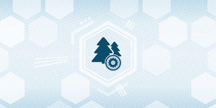 Abstract digital concept of forestry management, smart forest technology, sustainable wood industry, and ecological data analysis with pine tree icons and gear cog integration