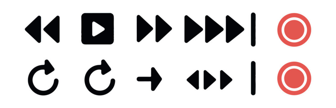 Set of modern isolated design elements from music player interface, media player, rewind, play, record buttons.