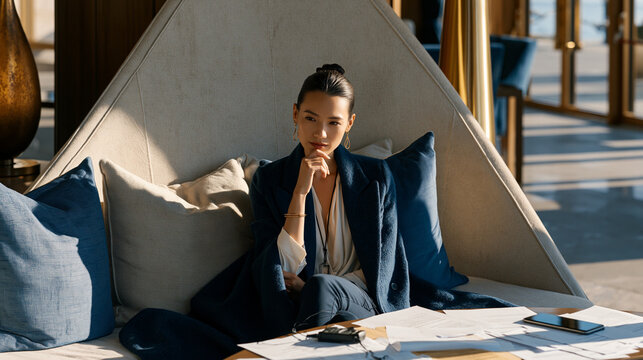 Female entrepreneur in a luxury hotel lobby corner uses a coffee table as an impromptu office during a startup conference, spread of printed customer interview notes around her, speaking quietly int