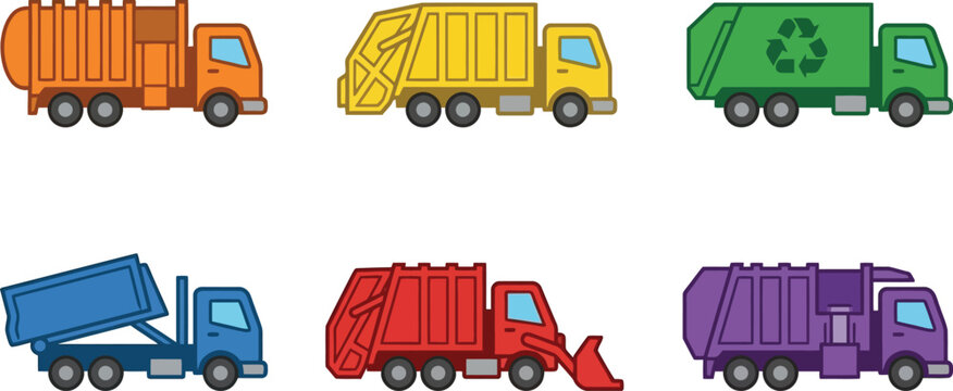 Colorful set of waste management vehicles featuring garbage recycling and dump trucks rendered in a modern flat vector design for urban sanitation and environmental projects