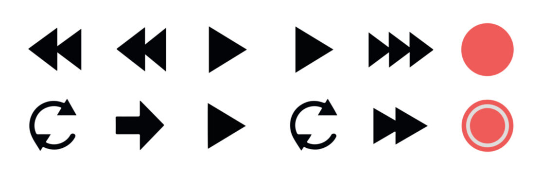 Set of modern isolated black vector design elements from music player interface with a red record button.