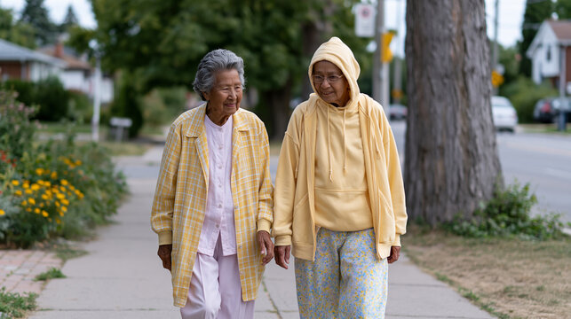 Elderly Seventh Day Adventist woman walking briskly with neighbor through suburban morning streets, religious practice longevity and walking pace aging predictor dual concept, early summer warmth, m