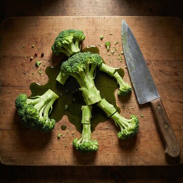 Overhead Broccoli Monster Defeated on Cutting Board Crime Scene Style Vegetable Food Art Illustration Concept