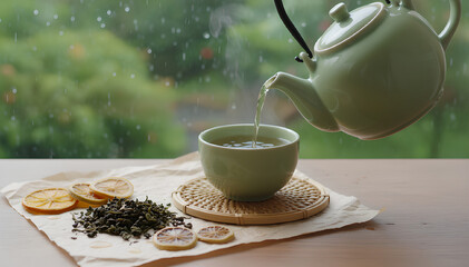 Fototapeta premium Relaxing tea time concept during rainy weather with green teapot