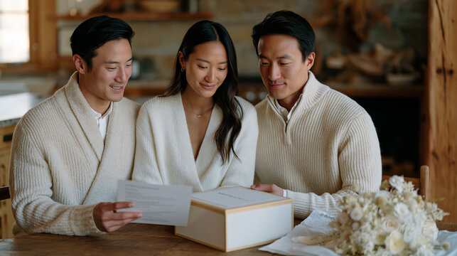 Couple unboxing a professionally freeze-dried bouquet preservation kit at their kitchen table, reading the instruction sheet together, the original wedding bouquet laid nearby on tissue paper for do