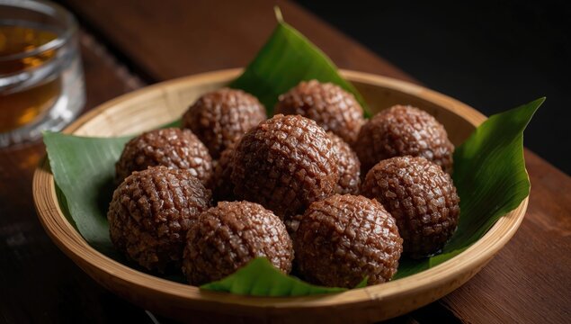Authentic Dodol on Bamboo Plate Elevated View, Warm Light, Natural Presentation